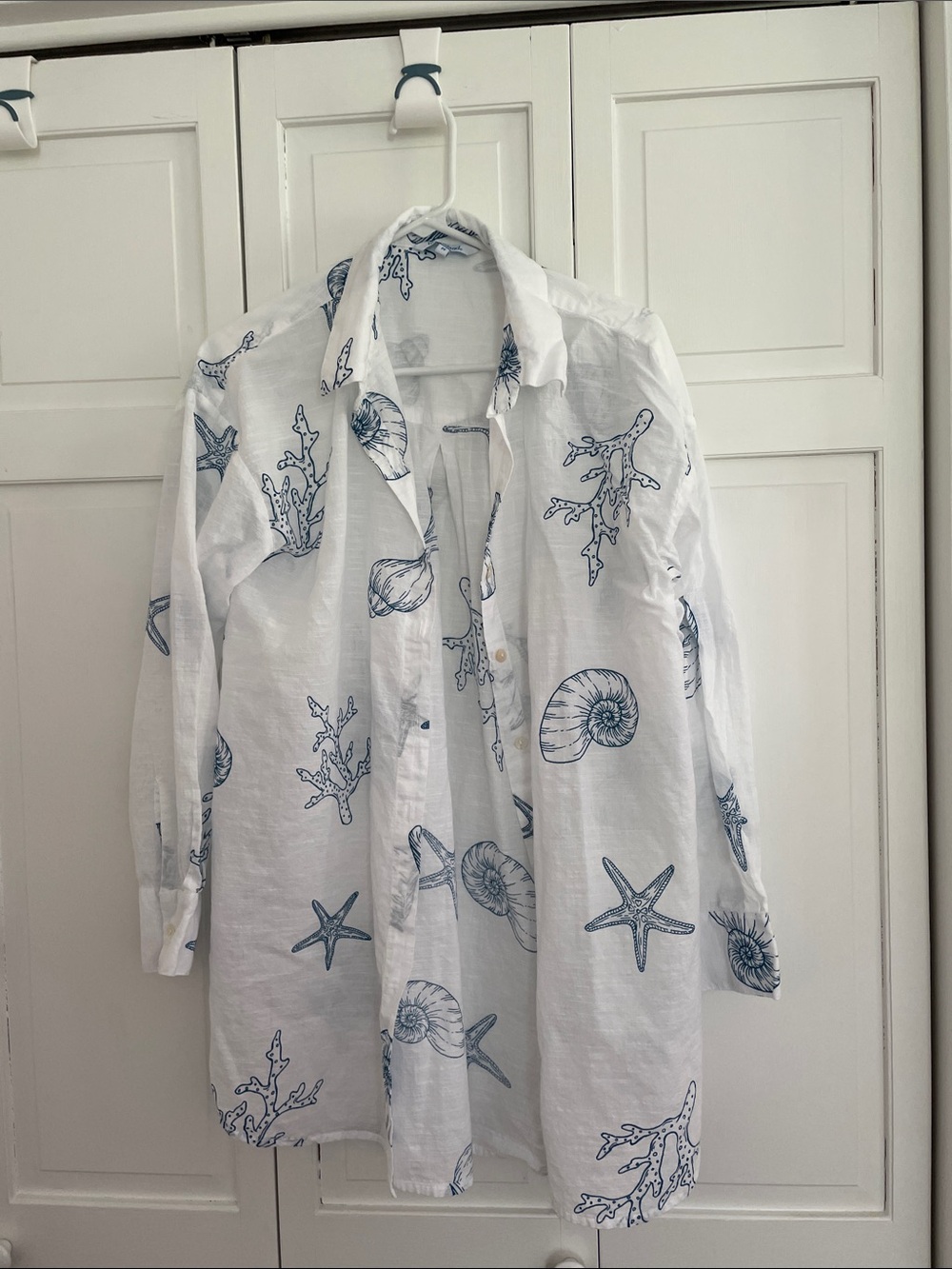 blue island White Beach Cover-Up with Blue Seashell Print